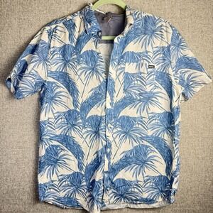 Hurley Men's Hawaiian Palm Blue White Short Sleeve Button‎ Up 100% Cotton MED